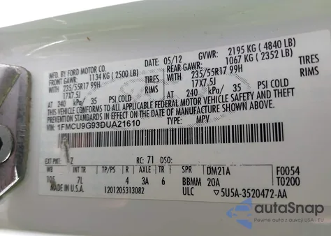 2013 Ford Escape Se z USA, uszkodzony, nr VIN 1FMCU9G93DUA21610